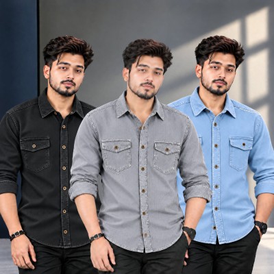 3 পিস প্রিমিয়াম ডেনিম শার্ট-(ফুল হাতা)